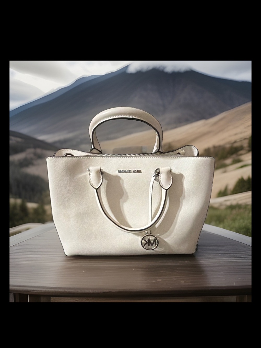 Michael Kors Cream Leather Satchel with Logo Charm